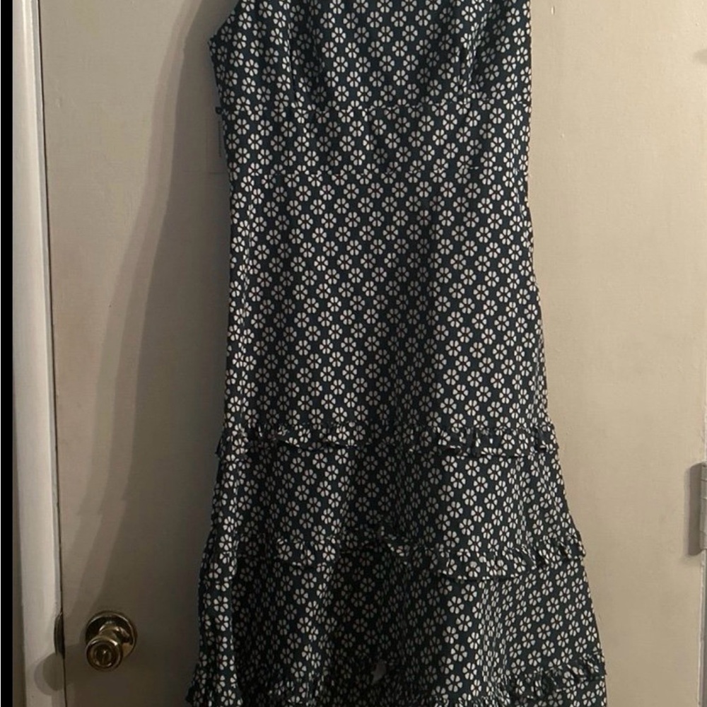 Anthropologie Navy and White Strapless Floral Tiered Dress